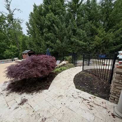 Lush backyard with a purple maple tree, stone path, and gated area surrounded by greenery.