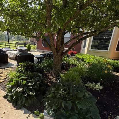 Lush garden features hostas, vibrant flowers, and outdoor seating under a shaded tree.